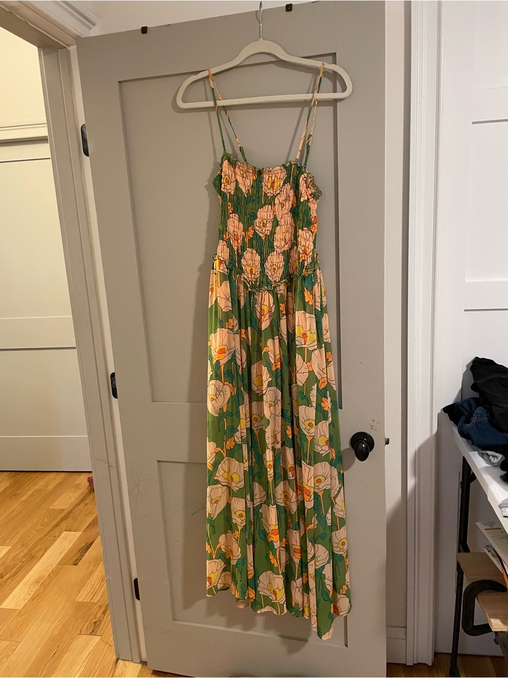Free People Green Floral Smocked Maxi Jumpsuit with Peach Blooms - Picture 3 of 4